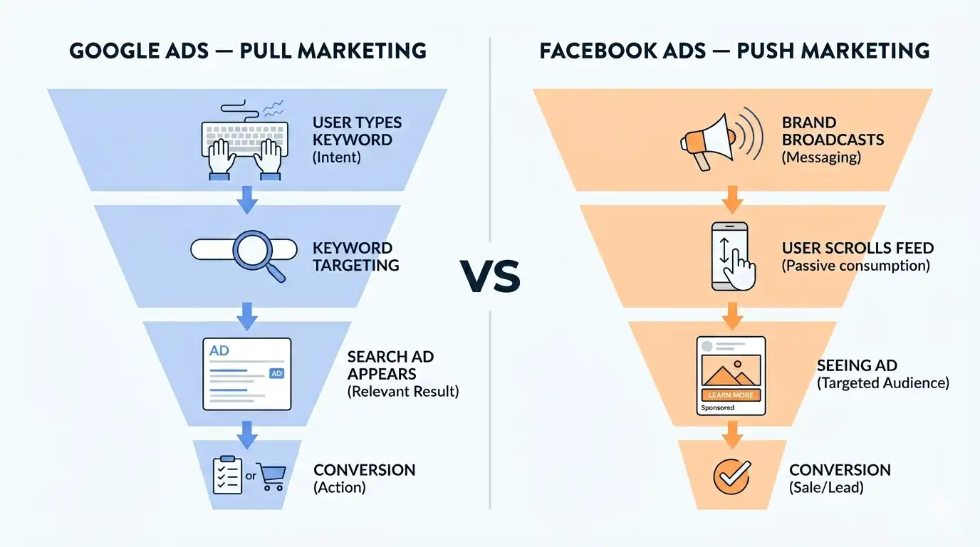 cơ chế hoạt động google ads pull marketing vs facebook ads push marketing