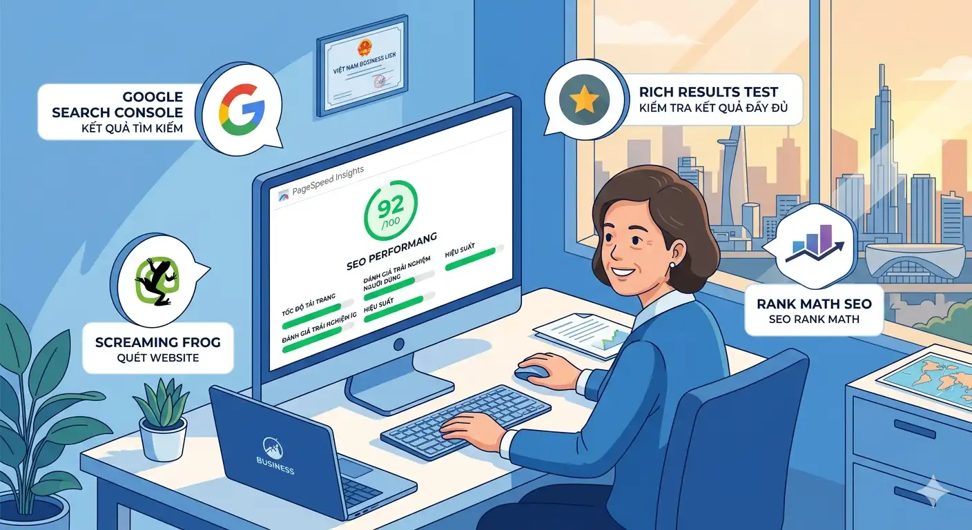 Các công cụ kiểm tra website chuẩn SEO miễn phí: Google PageSpeed Insights, Search Console, Rich Results Test, Screaming Frog, Rank Math