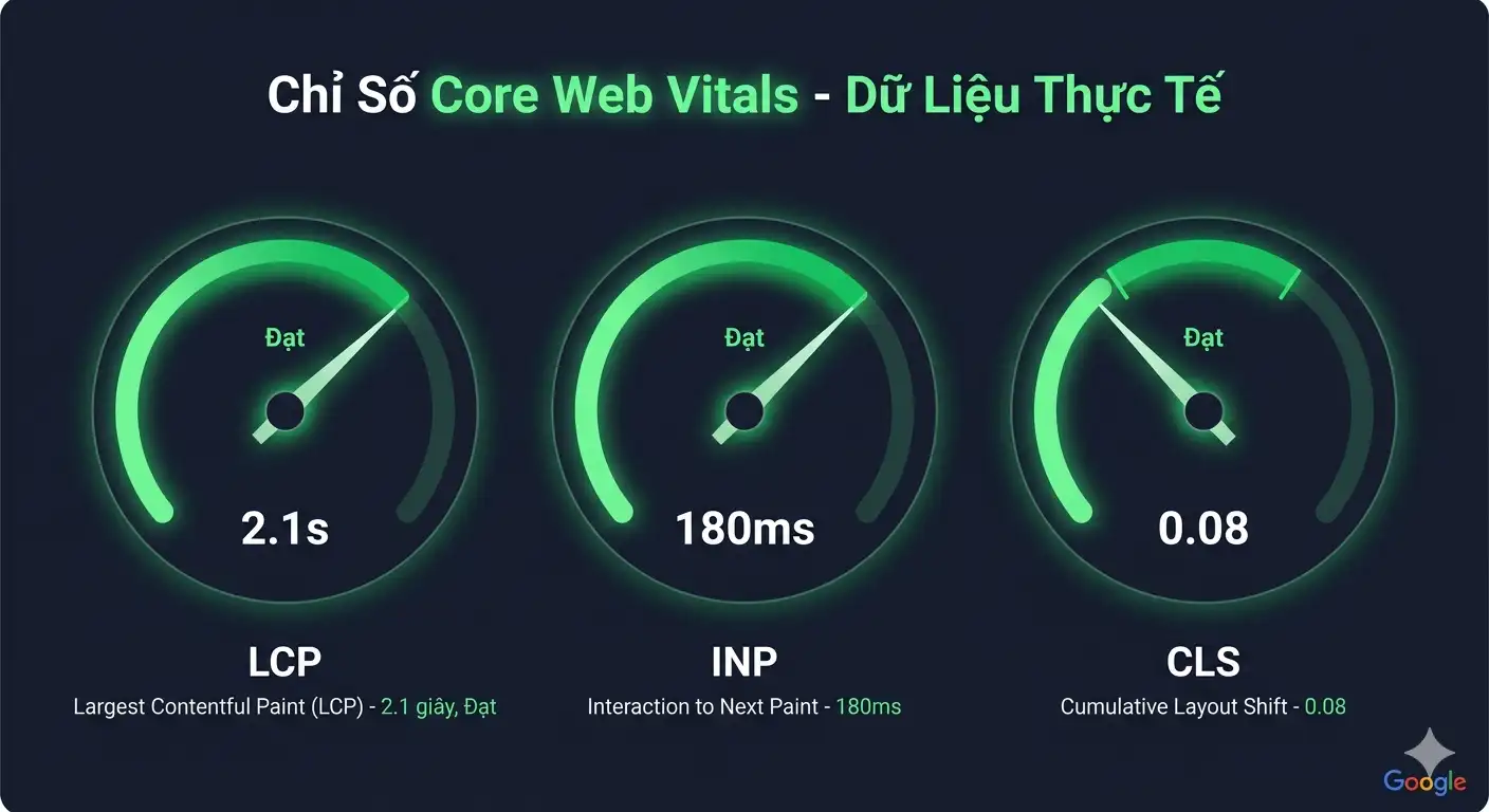 Bảng điểm Core Web Vitals đạt chuẩn Good: LCP dưới 2.5 giây, INP dưới 200ms, CLS dưới 0.1