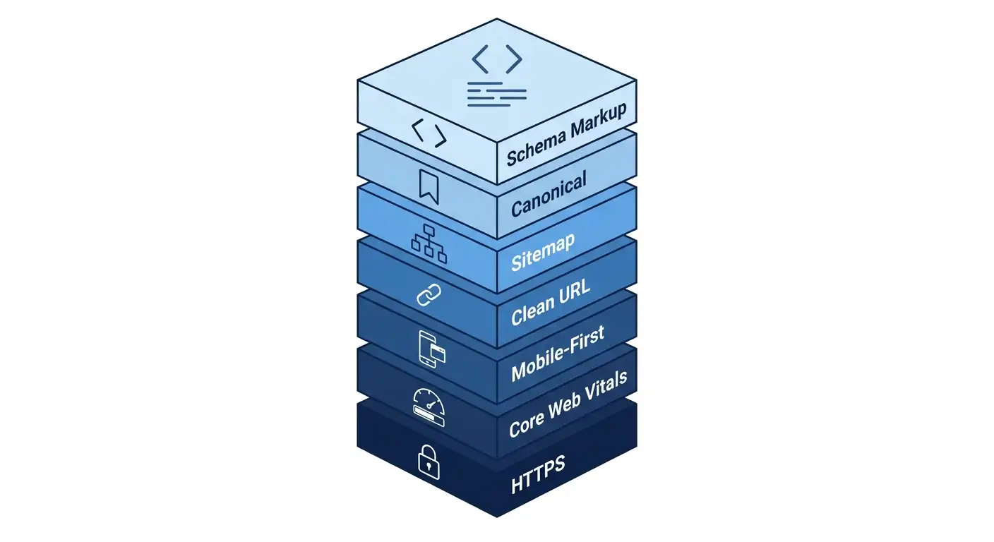 7 yếu tố kỹ thuật nền tảng của website chuẩn SEO gồm HTTPS, Core Web Vitals, mobile-first, URL, sitemap, canonical và schema