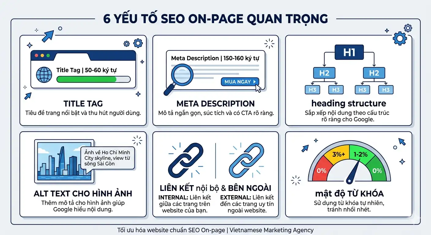 6 yếu tố on-page SEO cần tối ưu trong thiết kế website chuẩn SEO gồm title tag, meta description, heading, alt text, internal link và mật độ từ khóa