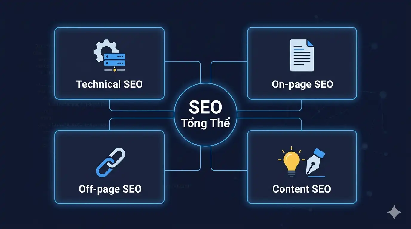 4 nhóm chính của SEO tổng thể: Technical, On-page, Off-page, Content SEO