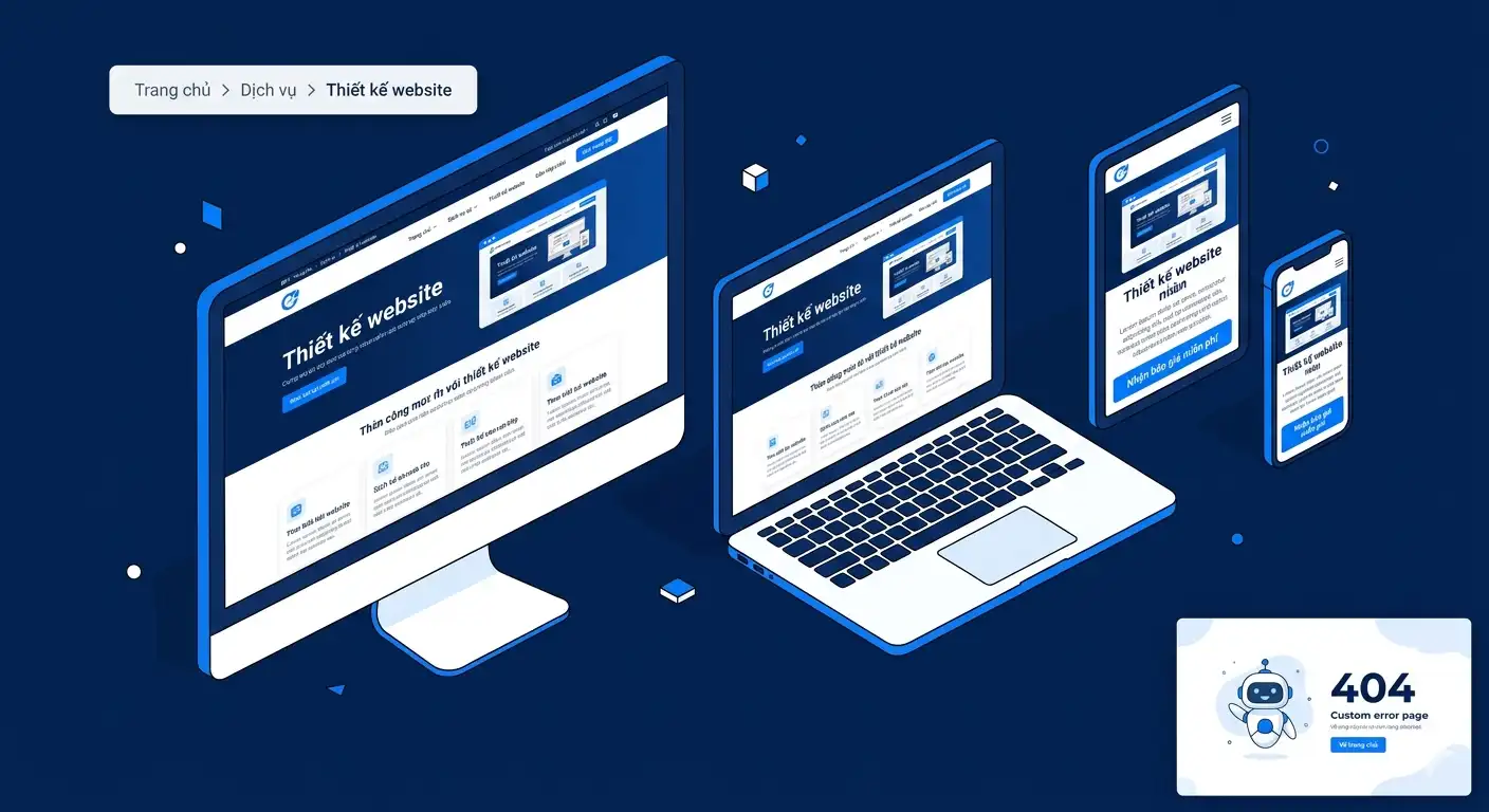 Trải nghiệm người dùng UX trong thiết kế website chuẩn SEO: responsive đa thiết bị, breadcrumb, CTA rõ ràng và trang 404 tùy chỉnh