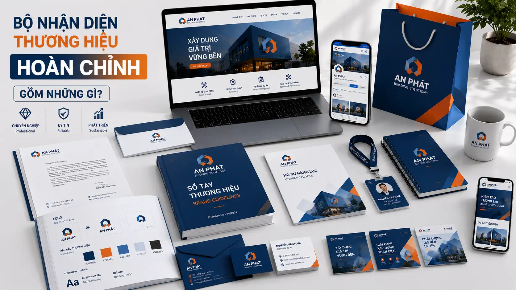 Bộ nhận diện thương hiệu bao gồm logo, brand guideline, website và các ấn phẩm truyền thông đồng nhất.
