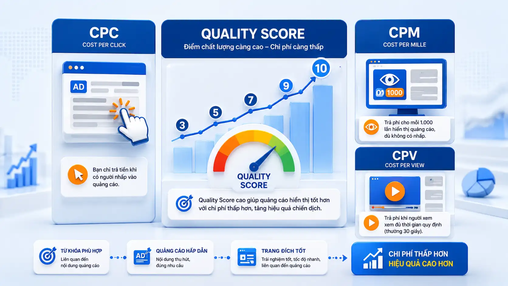 các hình thức tính phí Google Ads gồm CPC, CPM, CPV và Quality Score giúp giảm chi phí quảng cáo