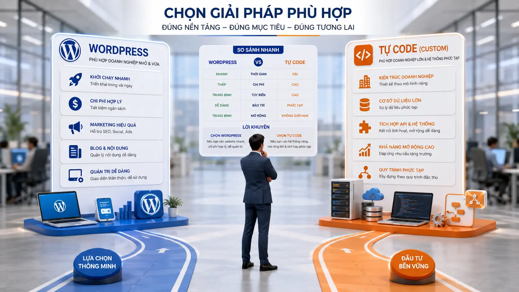 Doanh nghiệp nên chọn WordPress hay website tự code
