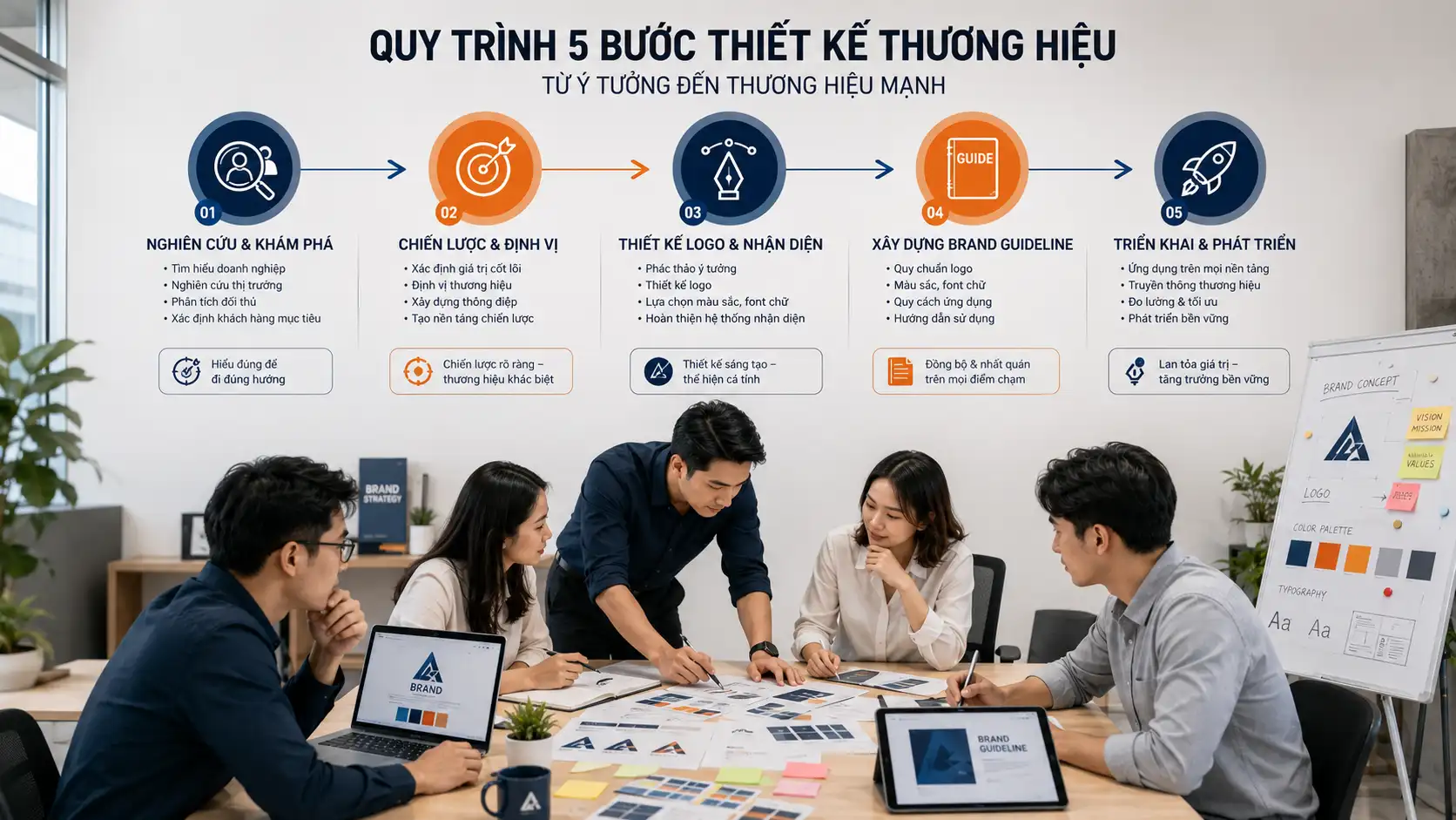 Quy trình thiết kế thương hiệu Bình Dương gồm 5 bước từ nghiên cứu, định vị, thiết kế logo, xây dựng brand guideline đến triển khai thương hiệu.