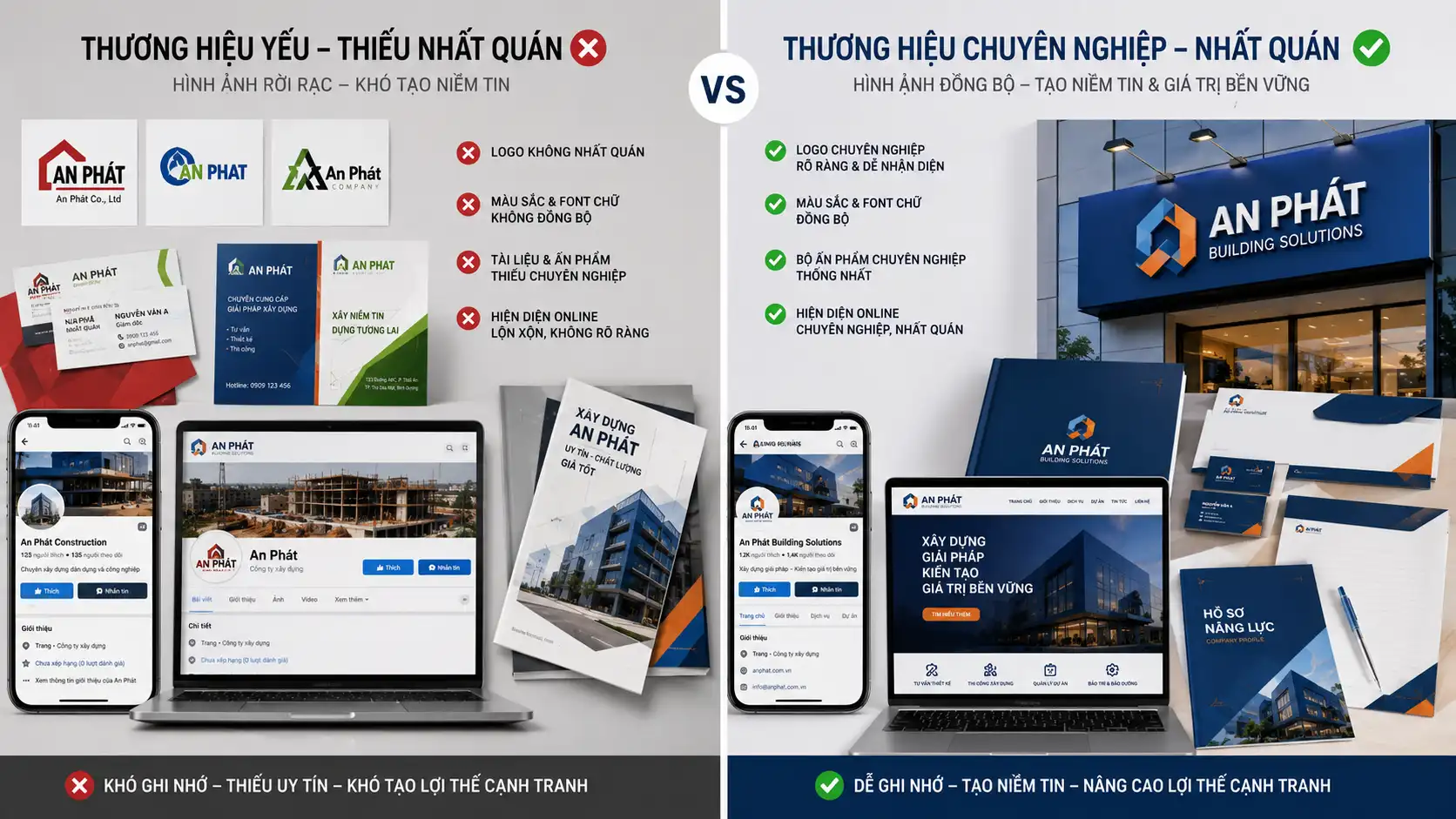 So sánh thương hiệu thiếu nhất quán và thương hiệu chuyên nghiệp với bộ nhận diện đồng bộ giúp doanh nghiệp Bình Dương tăng uy tín và khả năng cạnh tranh.
