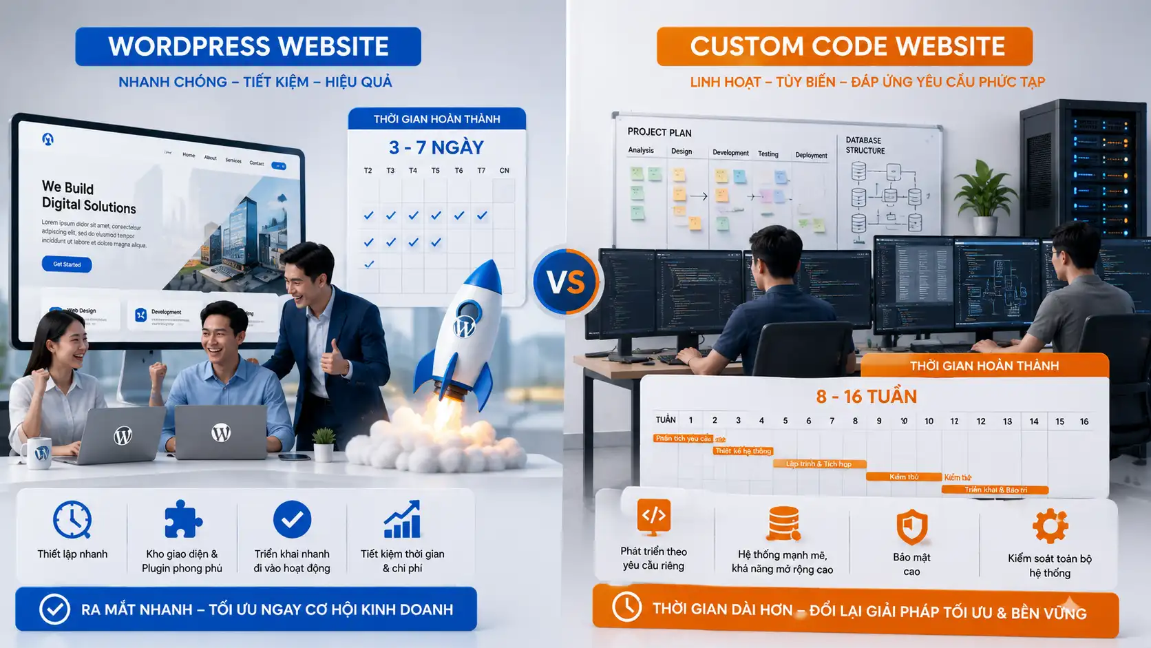 So sánh thời gian triển khai website WordPress và website tự code