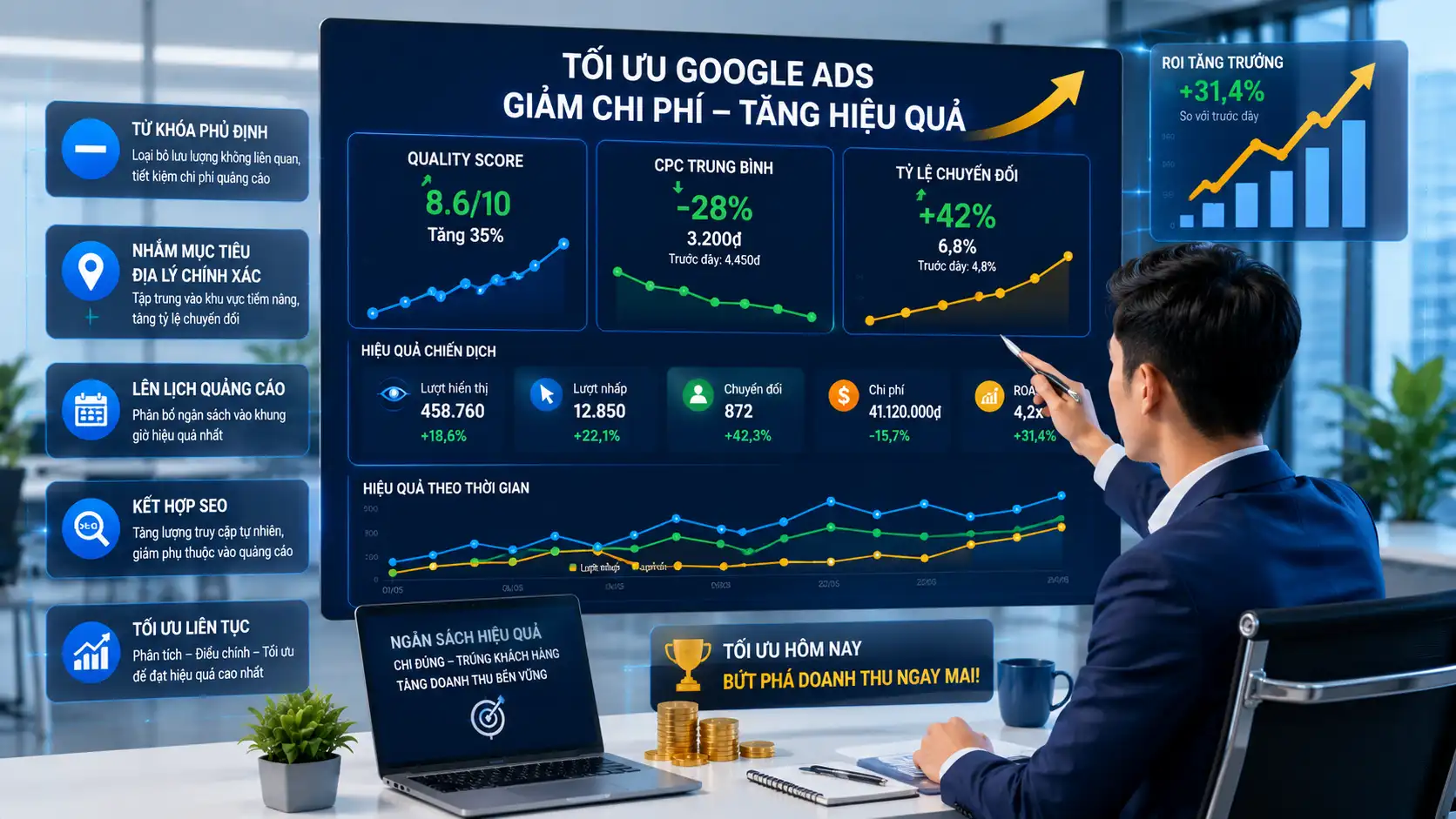 Các phương pháp tối ưu chi phí Google Ads như Quality Score, từ khóa phủ định, SEO và nhắm mục tiêu địa lý