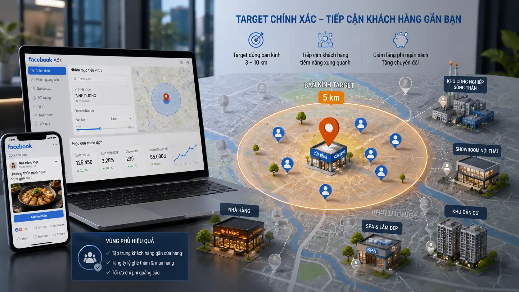 Target Facebook Ads theo vị trí và bán kính quanh cửa hàng tại Bình Dương