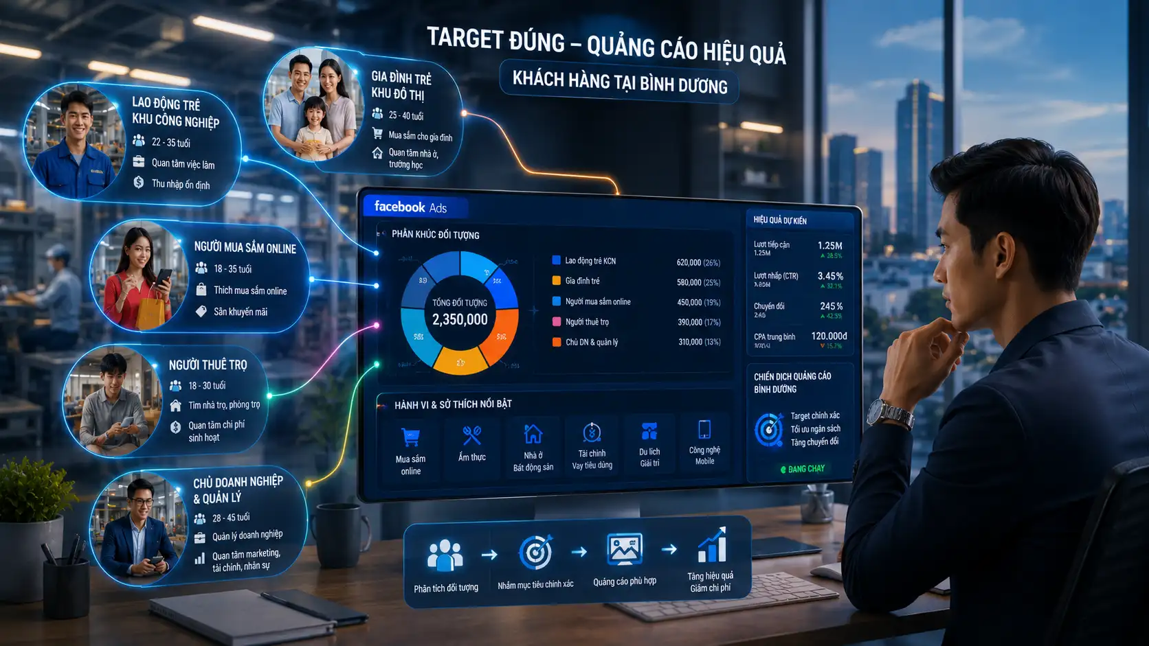 Target khách hàng Facebook Ads Bình Dương theo nhân khẩu học và hành vi