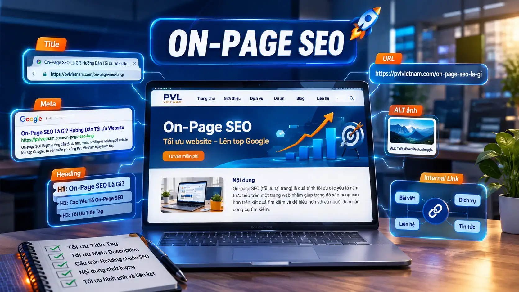 Các yếu tố On-Page SEO gồm title meta heading URL nội dung hình ảnh và internal link