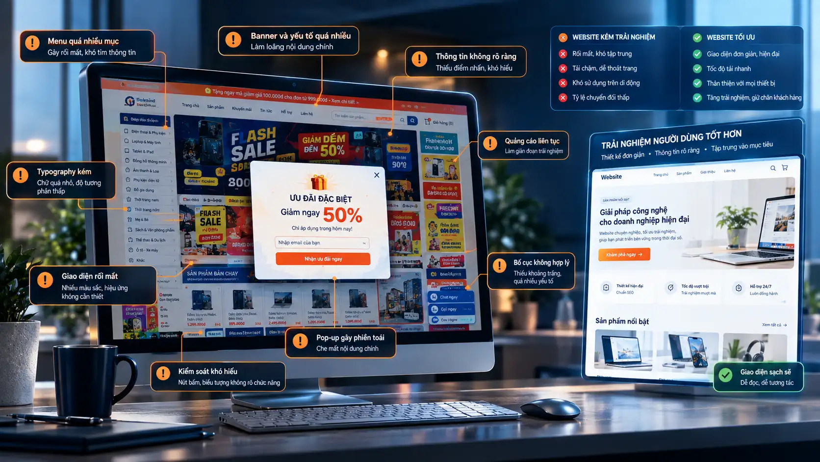 Các lỗi UX UI phổ biến gồm menu rối, pop-up và font chữ khó đọc