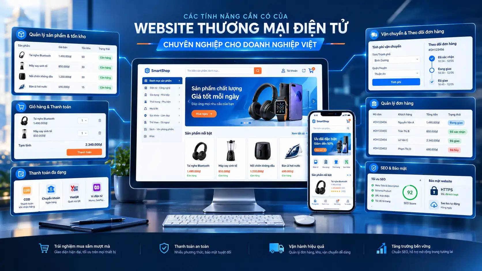 Các tính năng website thương mại điện tử gồm danh mục sản phẩm, giỏ hàng, thanh toán trực tuyến, quản lý đơn hàng và tối ưu SEO.